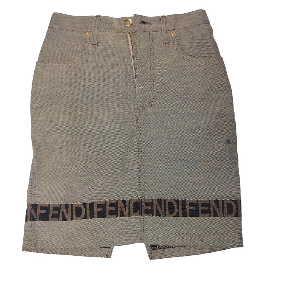 Fendi Jeans Vintage Logo Tape Denim Mini Skirt Taupe Gray Made in Italy 26